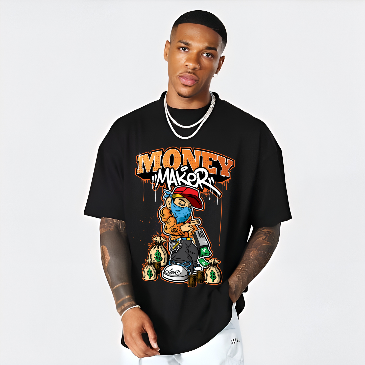 Urban Drip Black Oversized T-Shirt for Men – 'Money Maker' Cartoon Graphic Print Hip Hop Streetwear Cotton Tee