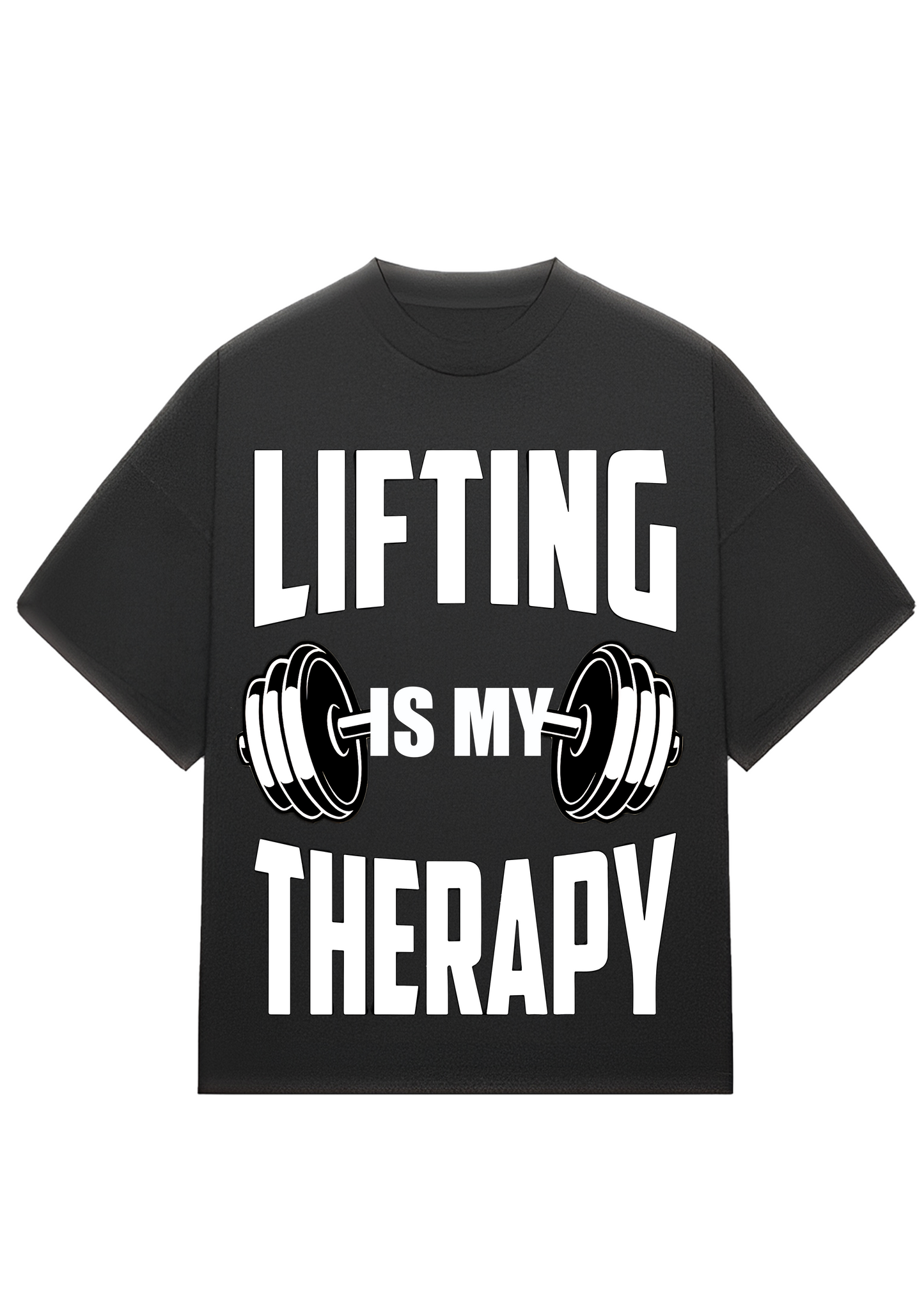 Lifting Is My Therapy" bold gym quote typography design for oversized t-shirt by Urban Drip