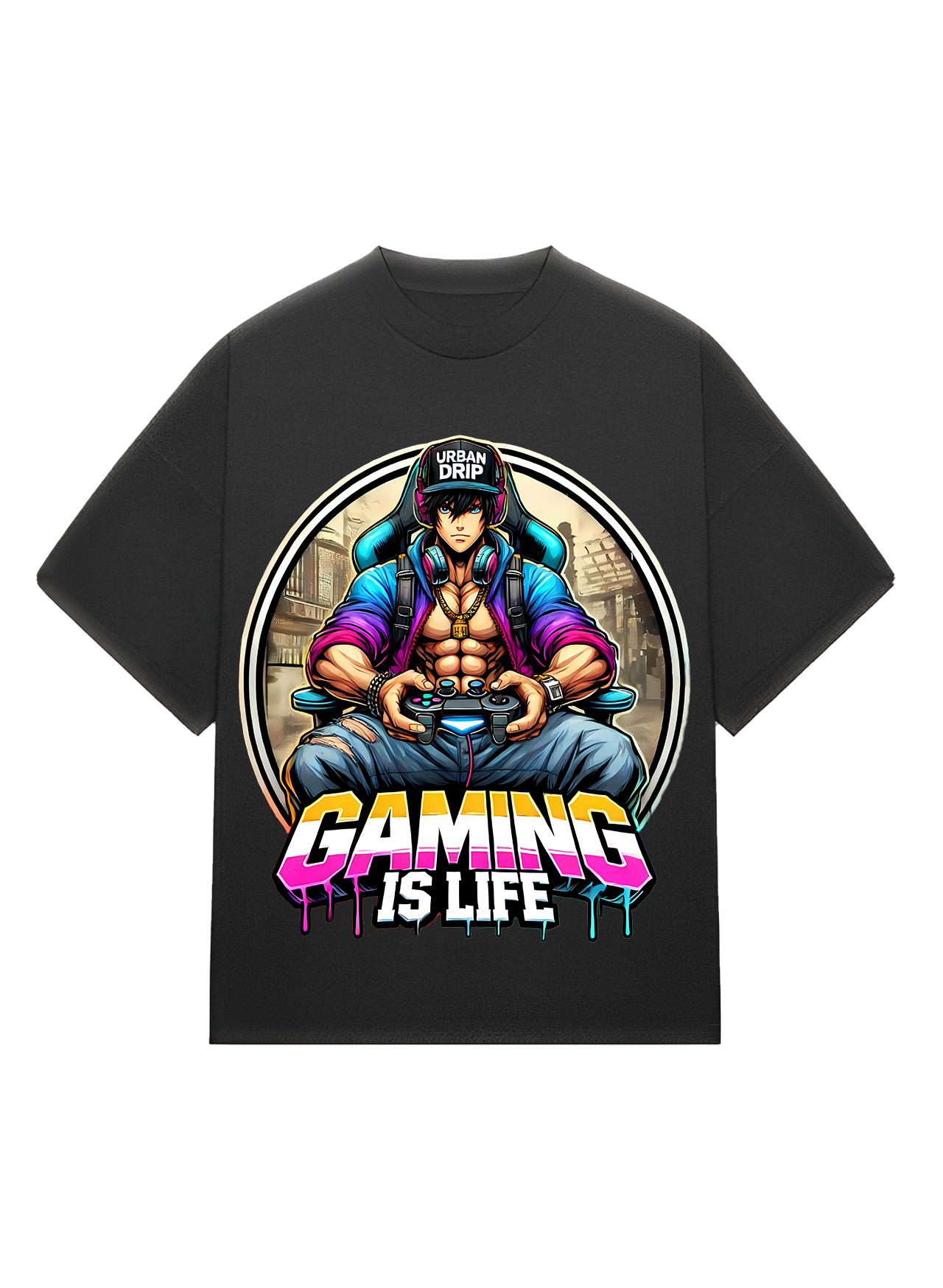 Bold "Gaming Is Life" graphic typography design in a modern, edgy style, created for black oversized t-shirts by Urban Drip, representing gaming lifestyle