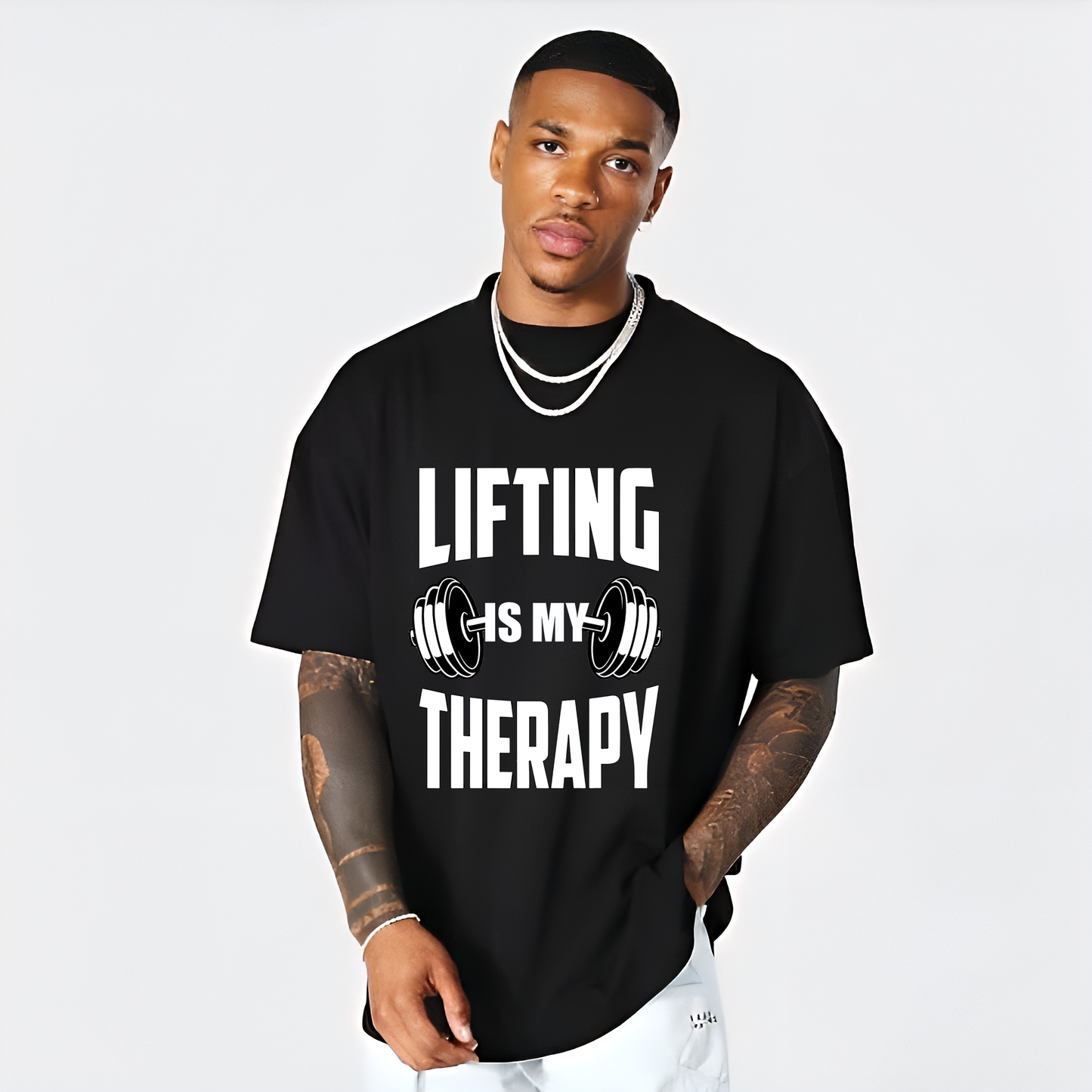 Lifting Is My Therapy" bold gym quote typography design for oversized t-shirt by Urban Drip