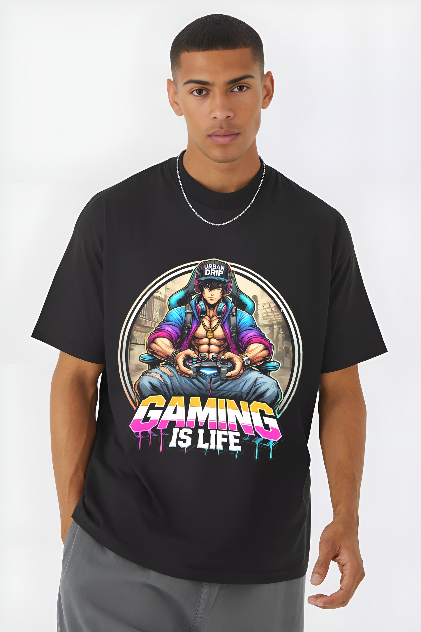 Gaming Is Life" black oversized t-shirt by Urban Drip.
