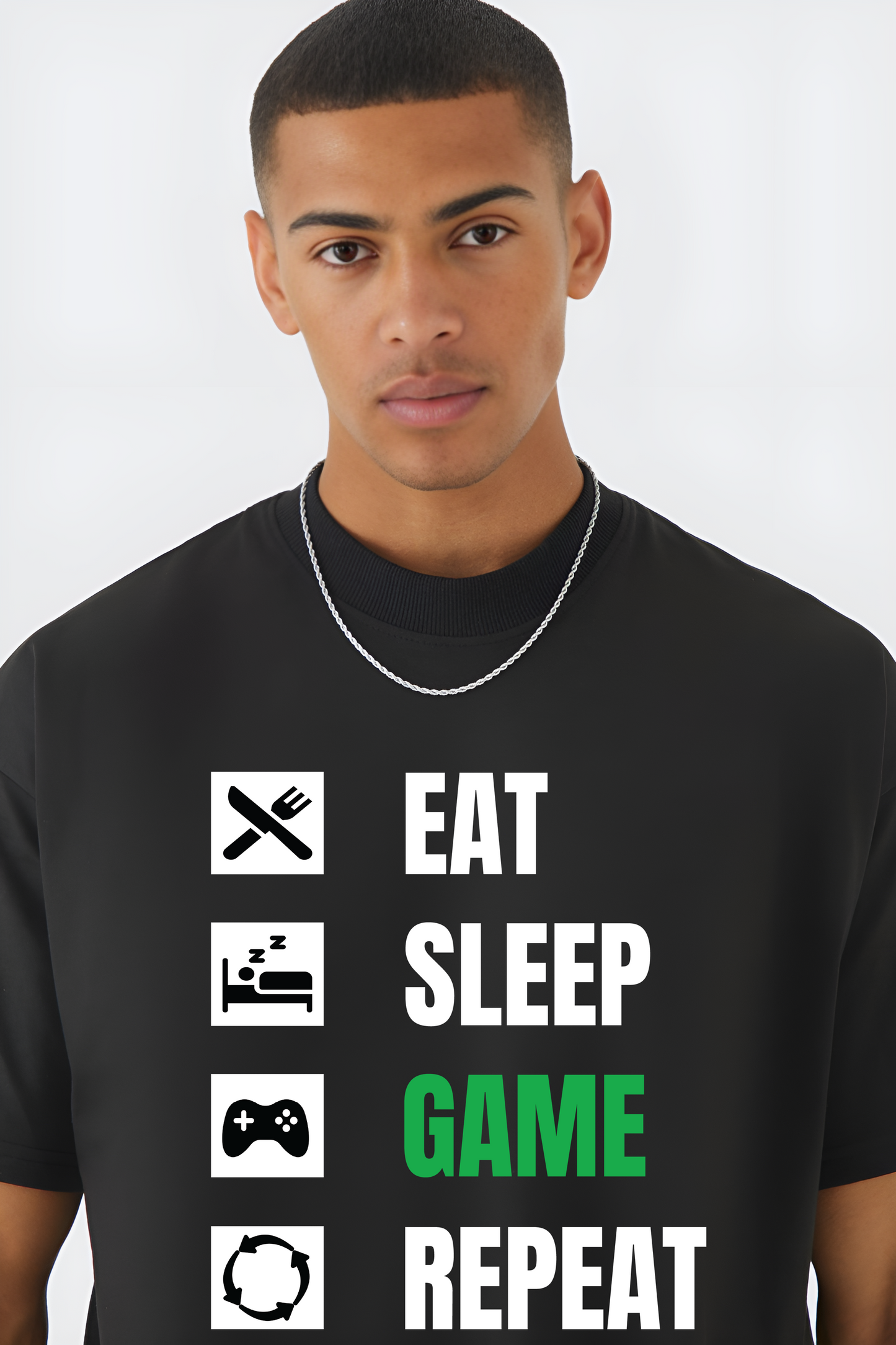 Eat Sleep Game Repeat T-Shirt for Gamers | Urban Drip Oversized Fit | Console & PC Gaming Streetwear Tee