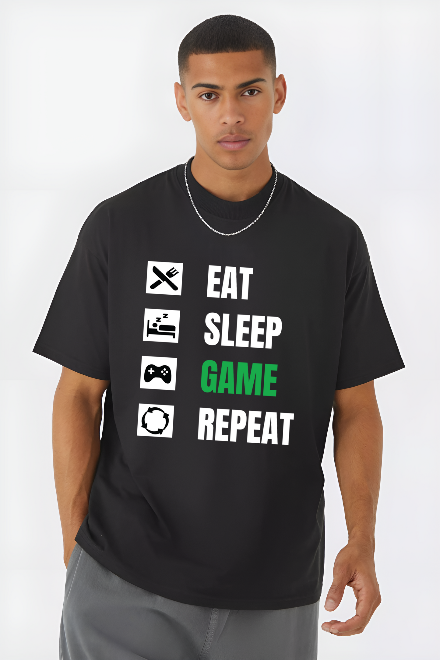 Eat Sleep Game Repeat T-Shirt for Gamers | Urban Drip Oversized Fit | Console & PC Gaming Streetwear Tee