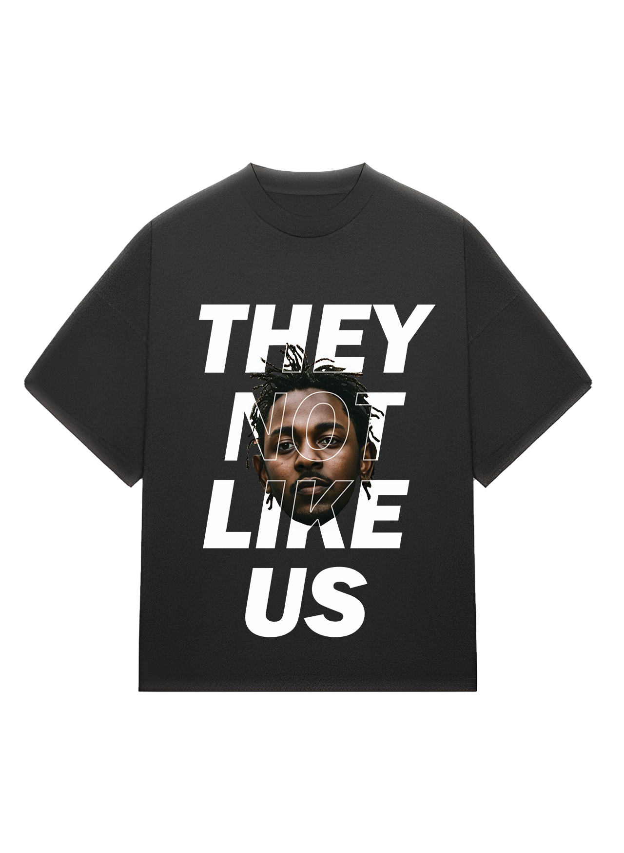 “They Not Like Us” bold typography graphic t-shirt design with a portrait overlay, from Urban Drip streetwear collection.