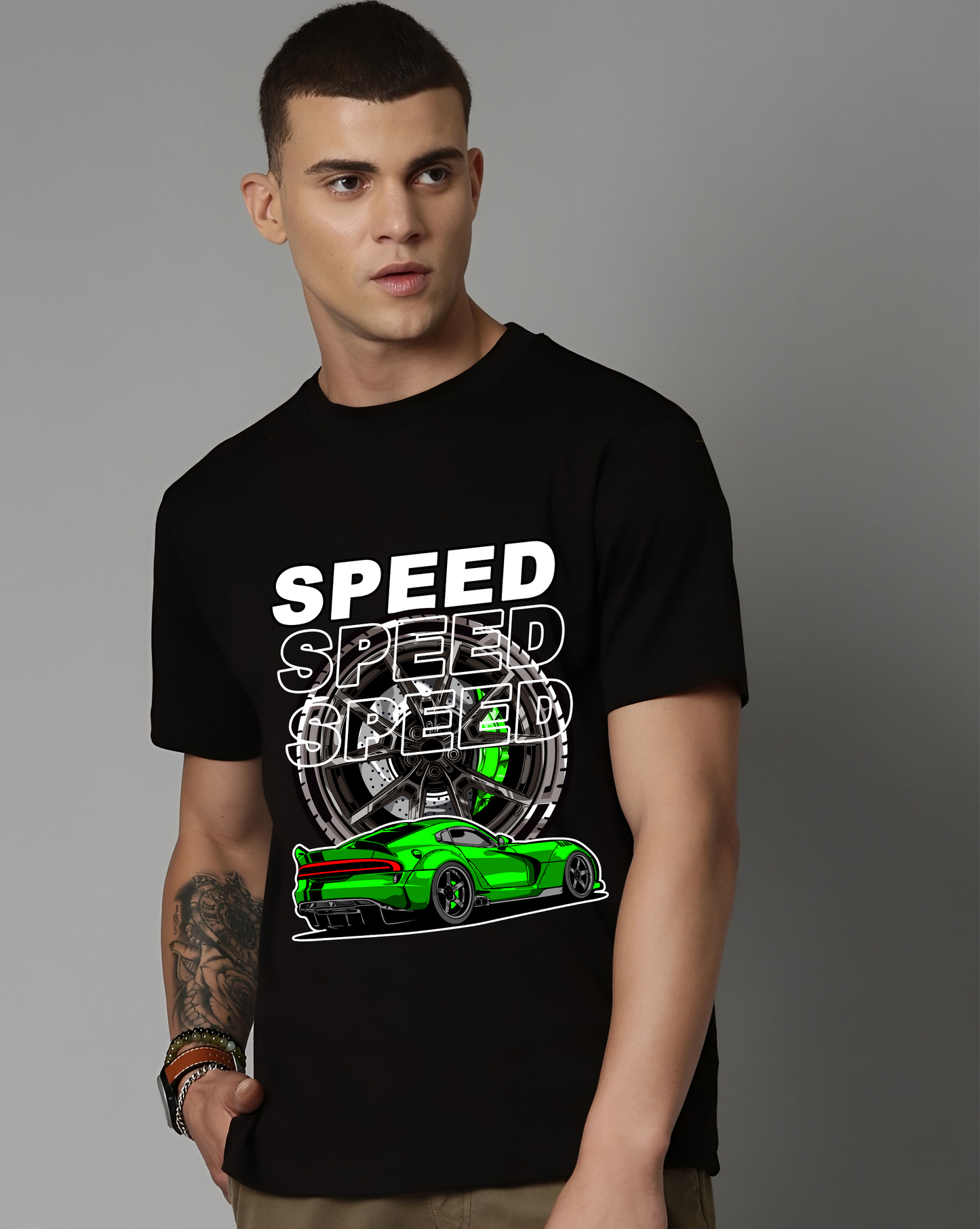Urban Drip Black Pure Cotton T-Shirt | Regular Fit | Supercar Graphic with SPEED Text | Men’s Streetwear Tee