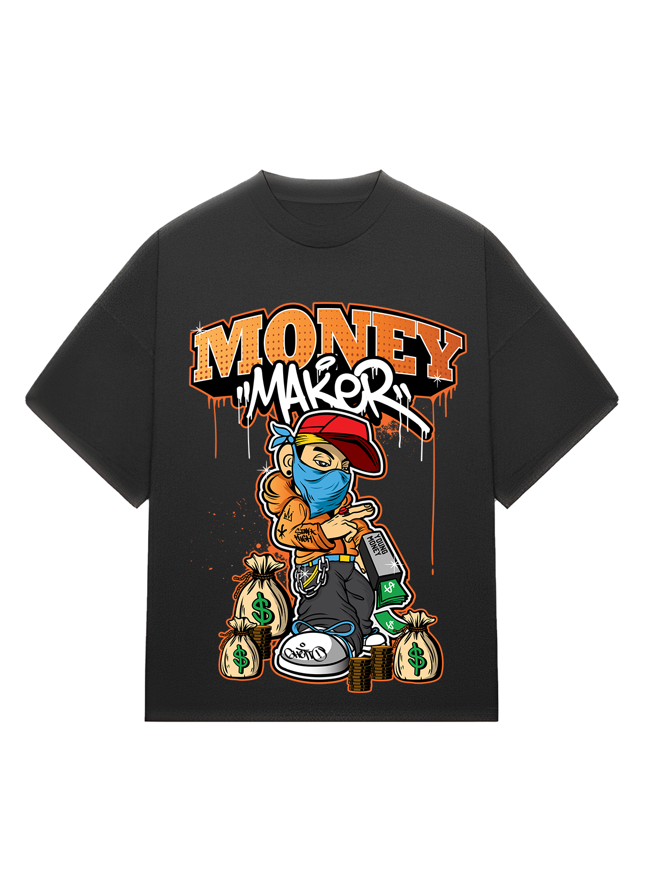 Urban Drip Black Oversized T-Shirt for Men – 'Money Maker' Cartoon Graphic Print Hip Hop Streetwear Cotton Tee
