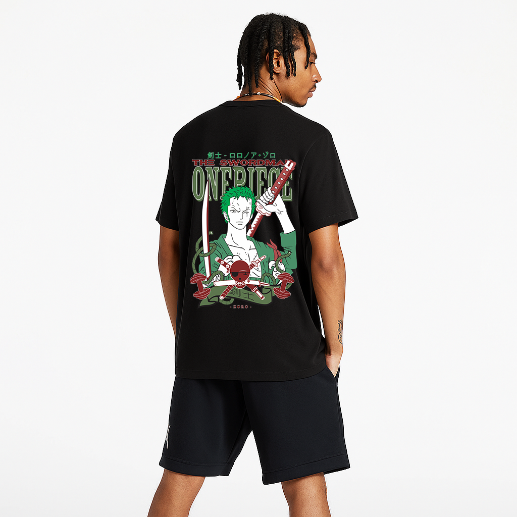 Urban Drip® Premium One Piece Zoro Oversized Drop Shoulder T-Shirt for Men with Sword – Anime Graphic Tee, Black