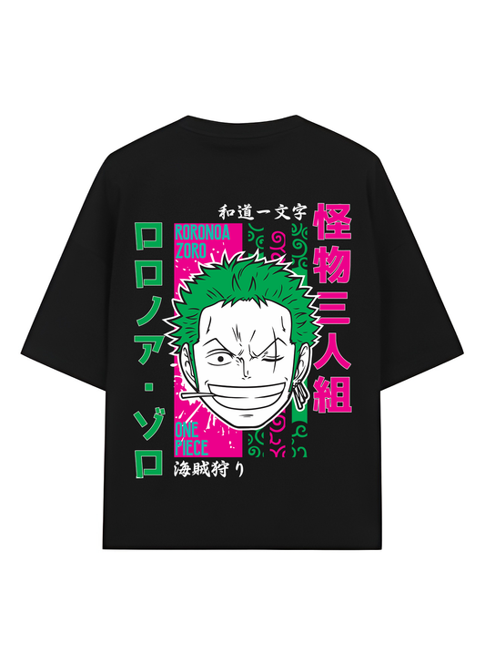 Urban Drip® Premium One Piece Zoro Oversized Drop Shoulder T-Shirt for Men – Anime Graphic Tee, Black