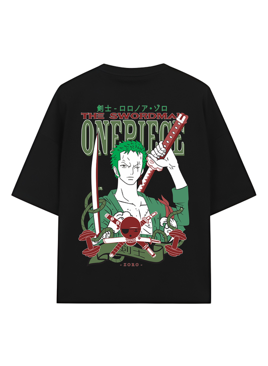 Urban Drip® Premium One Piece Zoro Oversized Drop Shoulder T-Shirt for Men with Sword – Anime Graphic Tee, Black