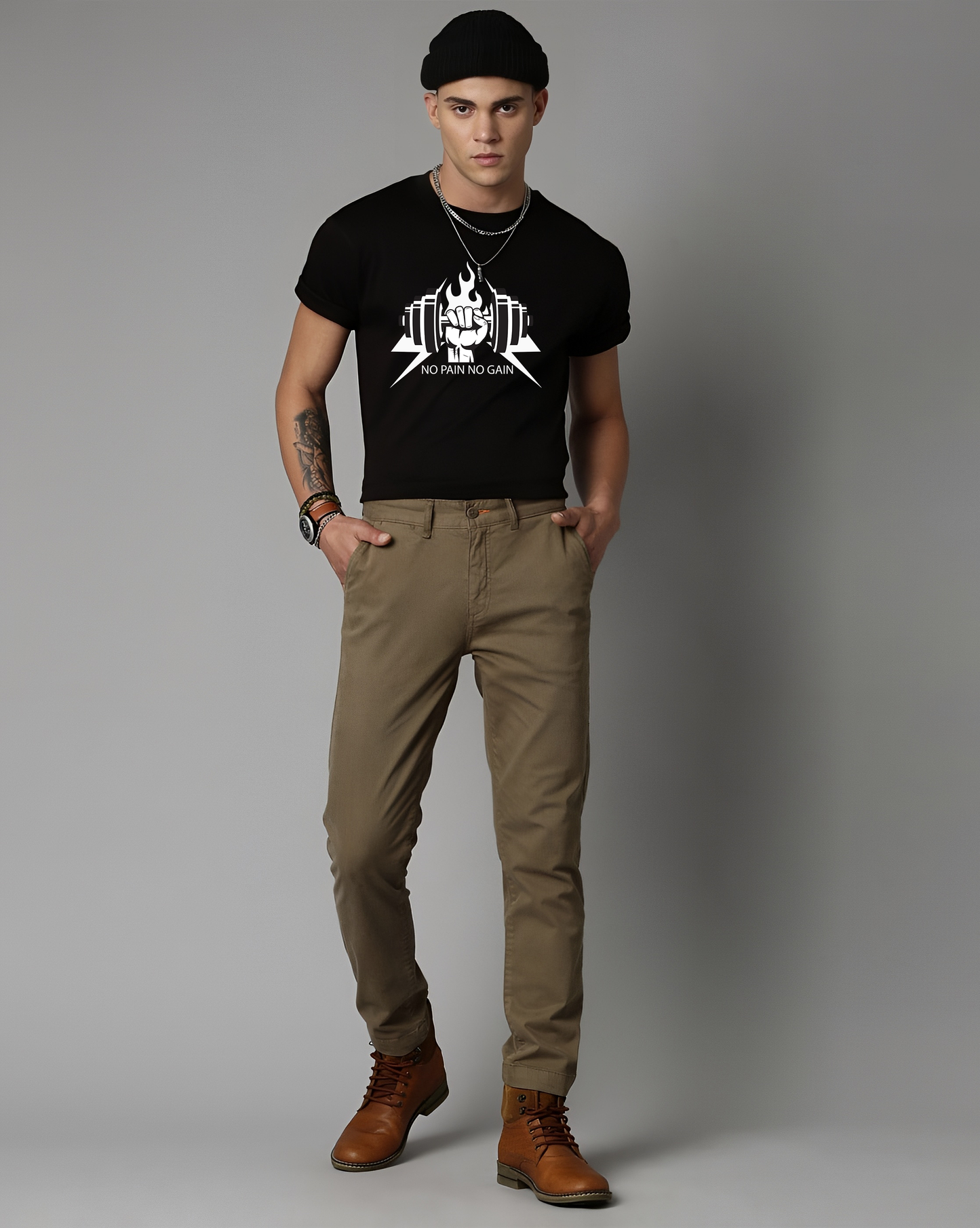 Urban Drip "No Pain No Gain" T-Shirt – Pure Cotton, Regular Fit, Motivational Gym Wear for Men & Women